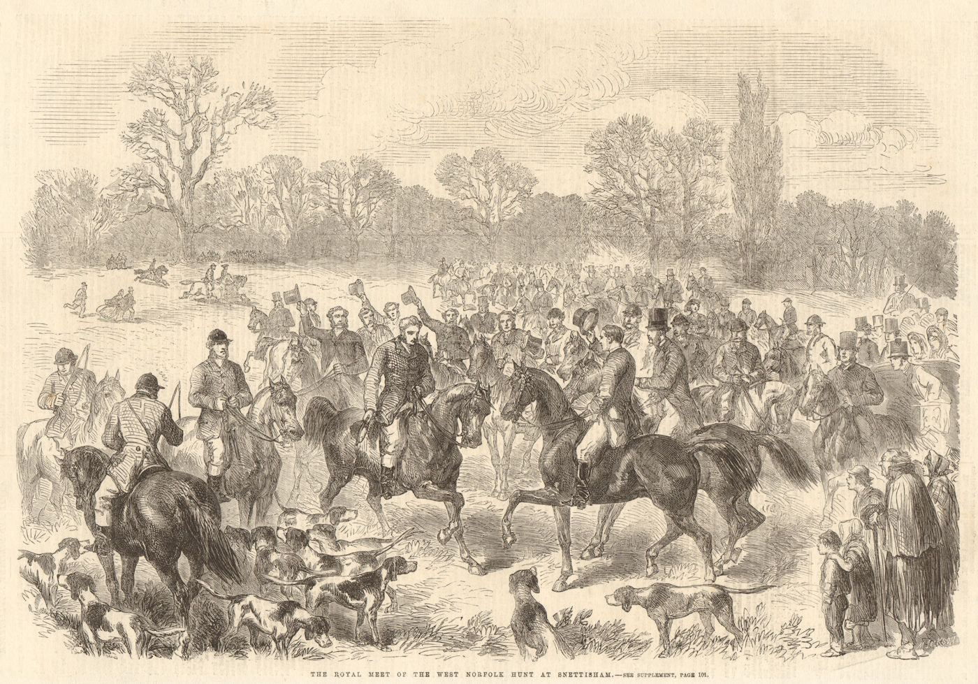 The royal meet of the West Norfolk Hunt at Snettisham. Hunting 1863 old print